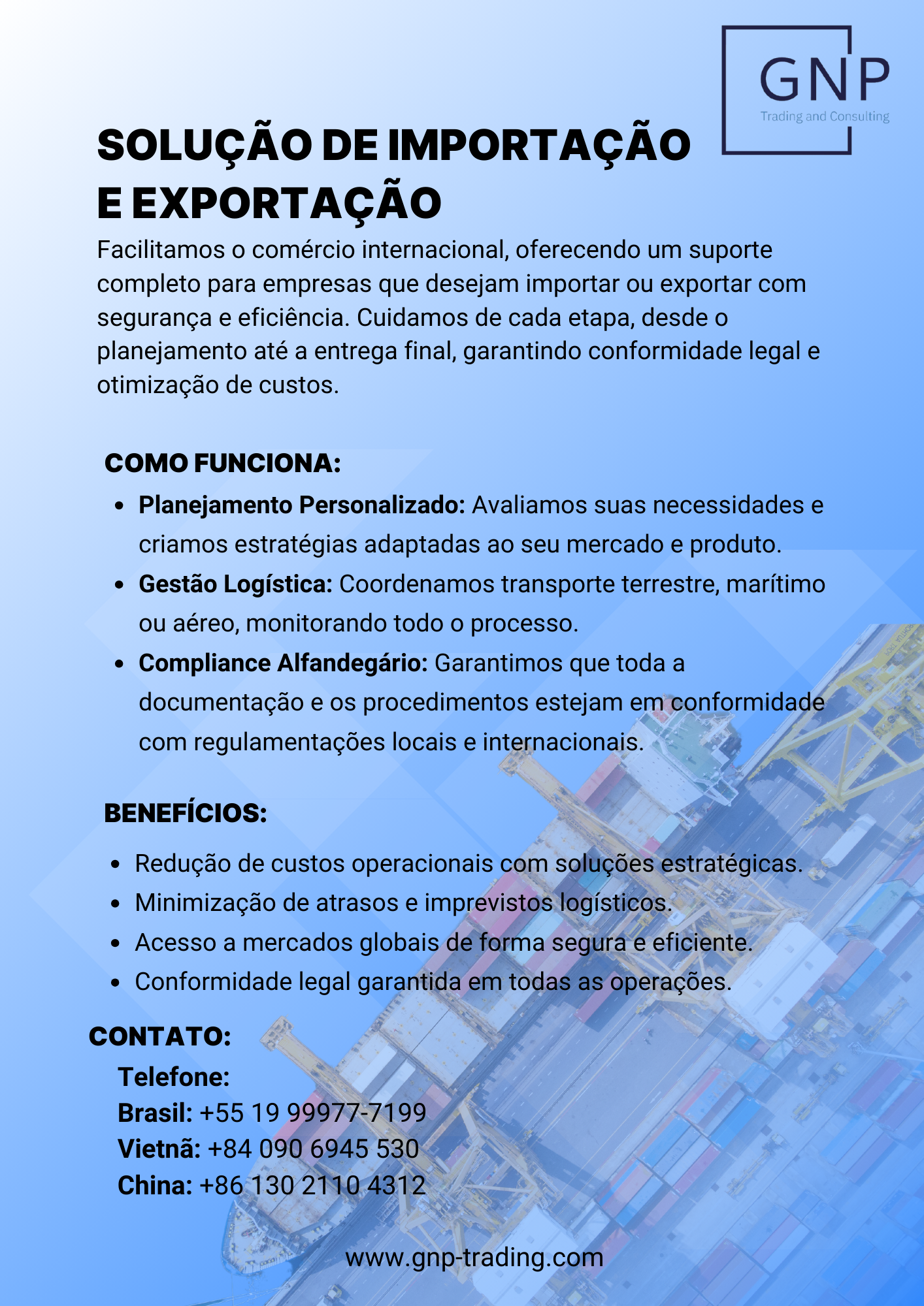 Facilitamos o comércio internacional, oferecendo um suporte completo para empresas que desejam importar ou exportar com segurança e eficiência. Cuidamos de cada etapa, desde o planejamento até a entrega final, garantindo conformidade legal e otimização de custos.